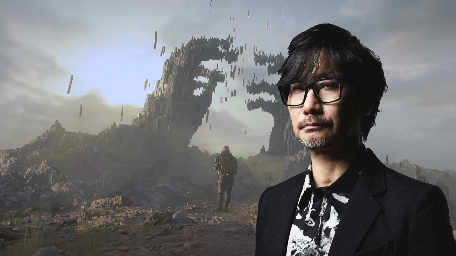 Death Stranding 2 cutscene in background with hideo kojima png up front