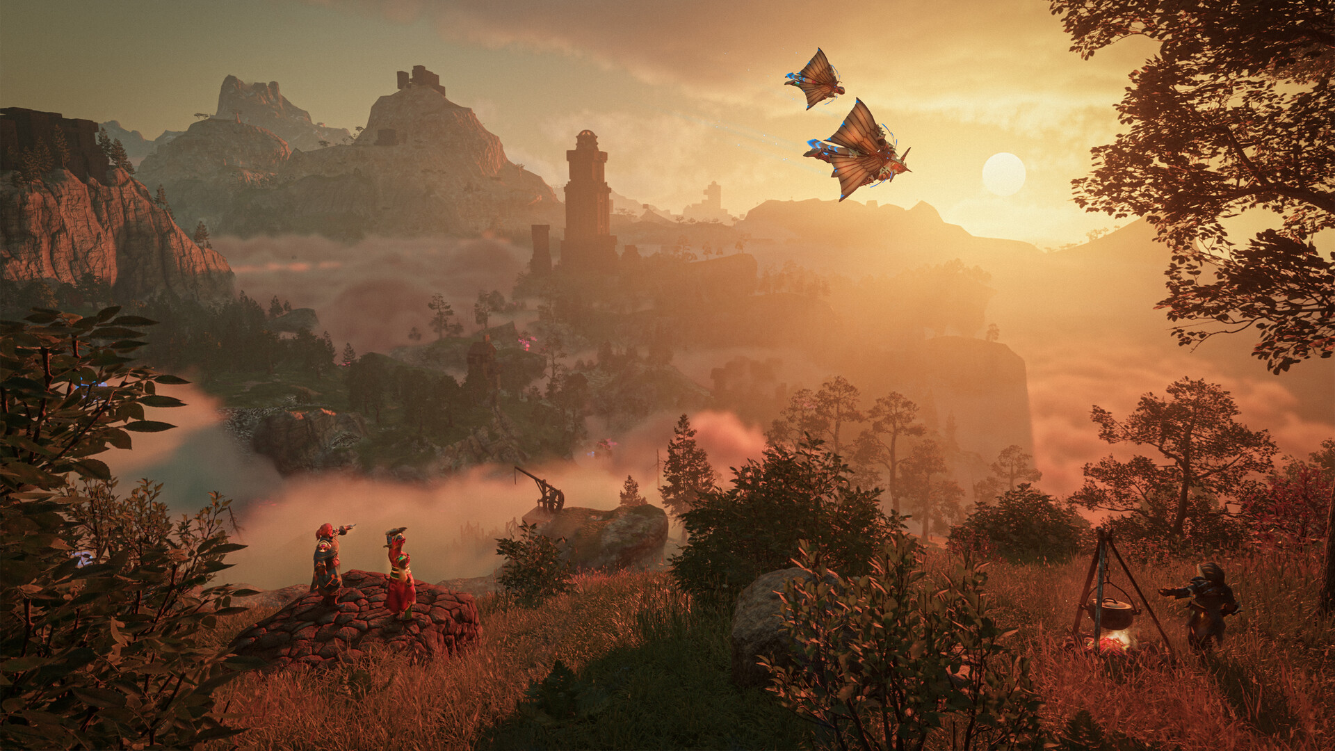 Enshrouded photo of two players gliding