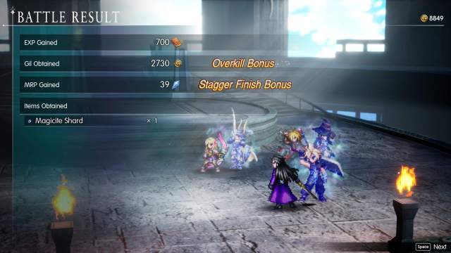 Final Fantasy Resonance end of battle EXP, Gil and MRP rewards