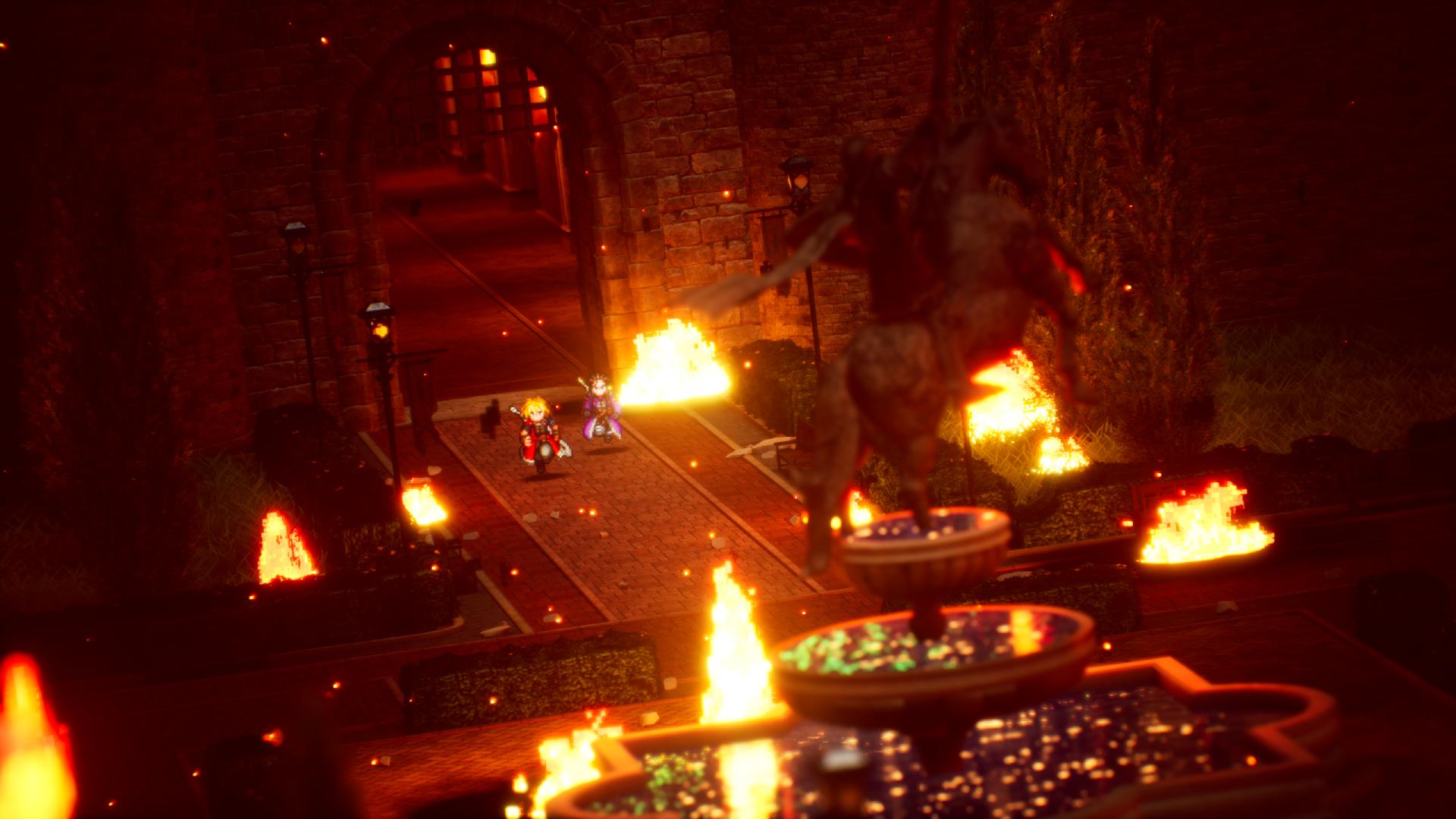 Final Fantasy Resonance Rain and Lasswell running in burning castle towards difficult battle