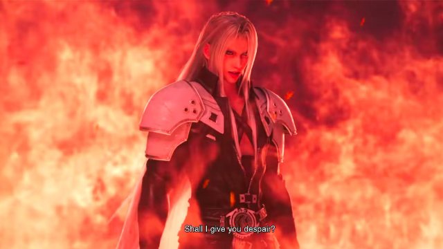 Final Fantasy Resonance Sephiroth vision HD cutscene standing in flames charging attack