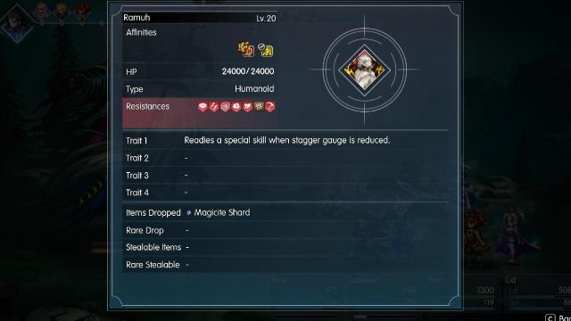 Final Fantasy Resonance ramuh enemy stat screen showing stealable items