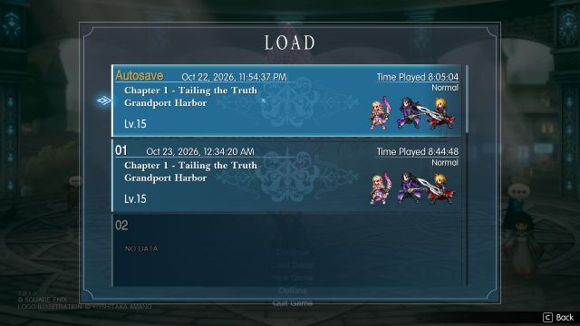 Final Fantasy Resonance game load menu with two save files