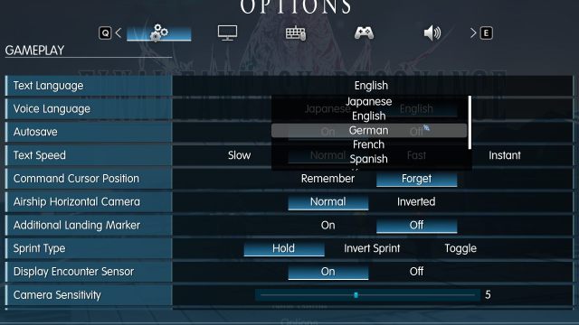 Final Fantasy Resonance Settings text language and voice language options