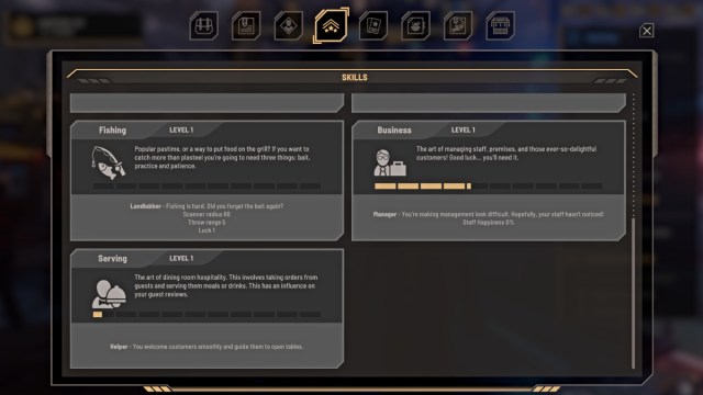 Skill menu in Nivalis Nights