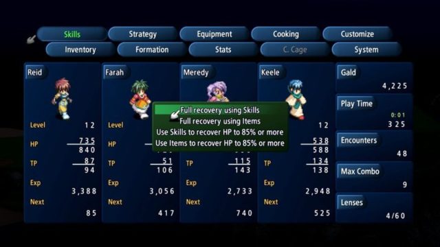 Tales of Eternia Remastered character management menu
