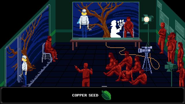 Tenebris Somnia Cinematography Class Projector puzzle collecting copper seed from bird on projector screen