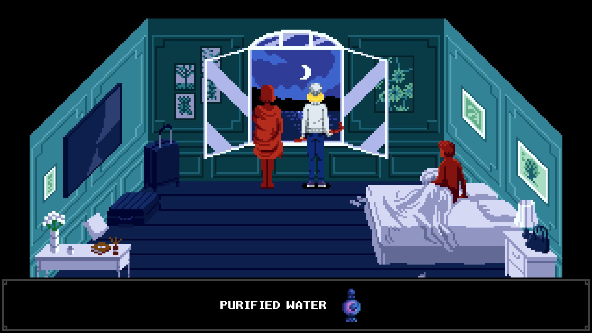 Tenebris Somnia Bedroom With Red Statues and Moonlight for Purified Water