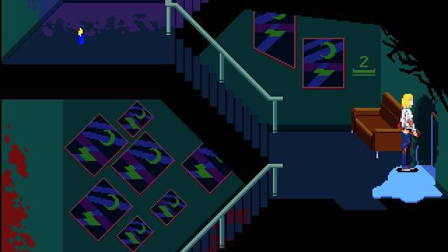 Tennebris Somnia stairway with broken wall hole leading to bathroom