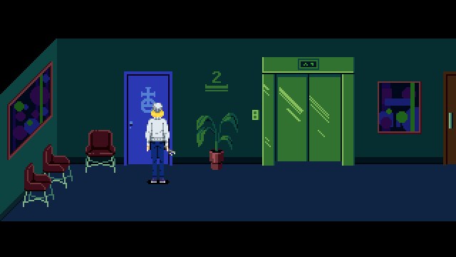 Tennebris Somnia blue door next to green elevator