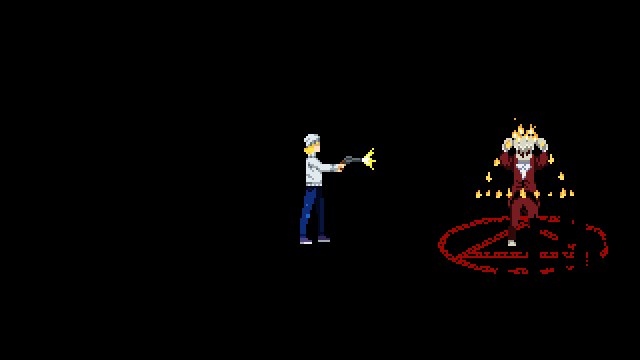 Tennebris Somnia candle head boss with julie pointing a gun at it