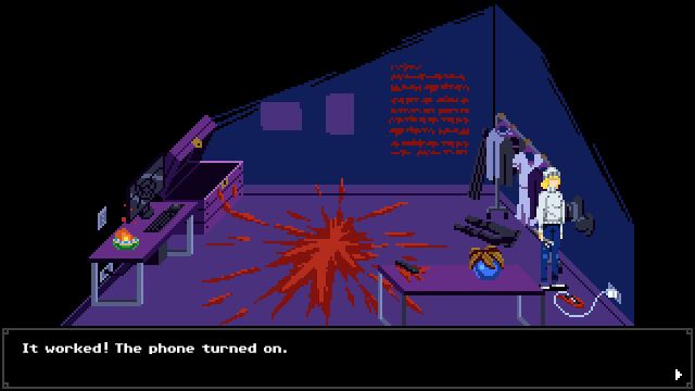 Tennebris Somnia office room with red splatter and tables phone charging