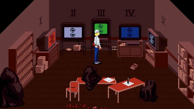 Tennebris Somnia tv room with different color symbols on 5 tvs
