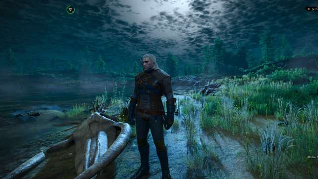 The Witcher 3 Remastered Geralt standing in front of lake at night with moonlight behind him