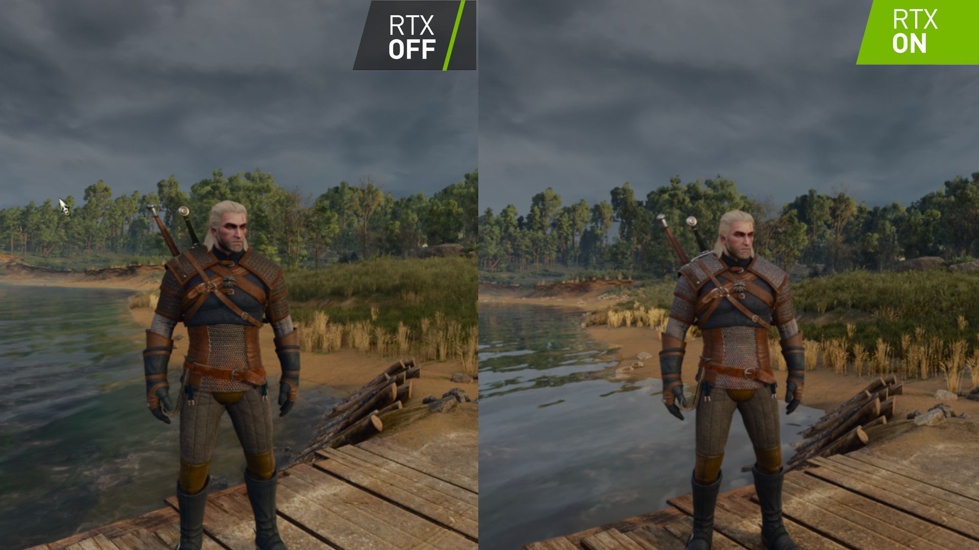 The Witcher 3 Remastered Geralt standing RTX Off on left and RTX On on right