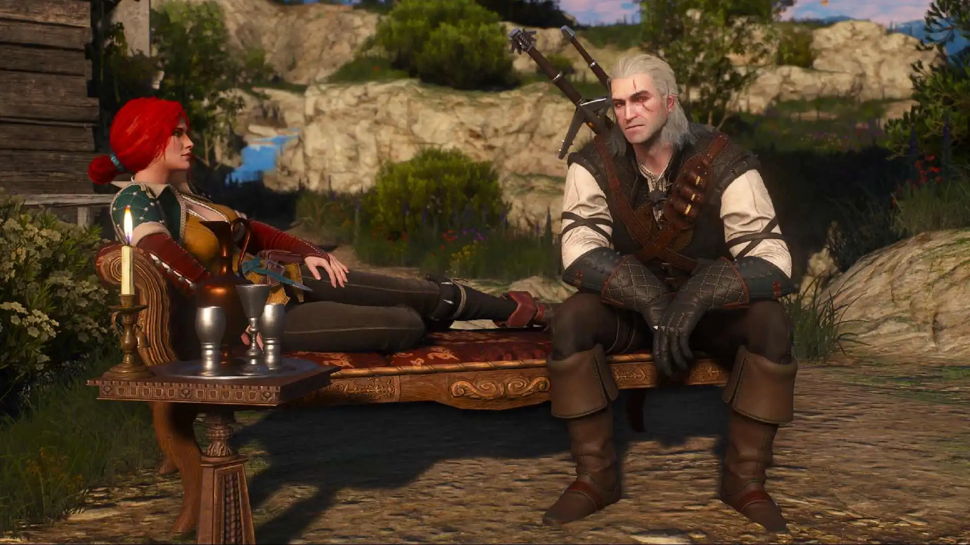 The Witcher 3 Remastered Best Mods Geralt Sitting With Triss on a Bench