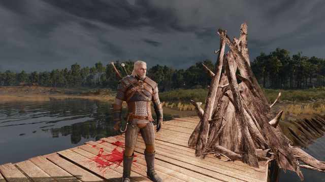 the Witcher 3 Remastered Photo Mode with light prop placed to illuminate Geralt