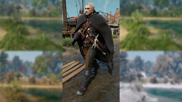 The Witcher 3 Remastered Mod Geralt walking with swords on hip with blurred background