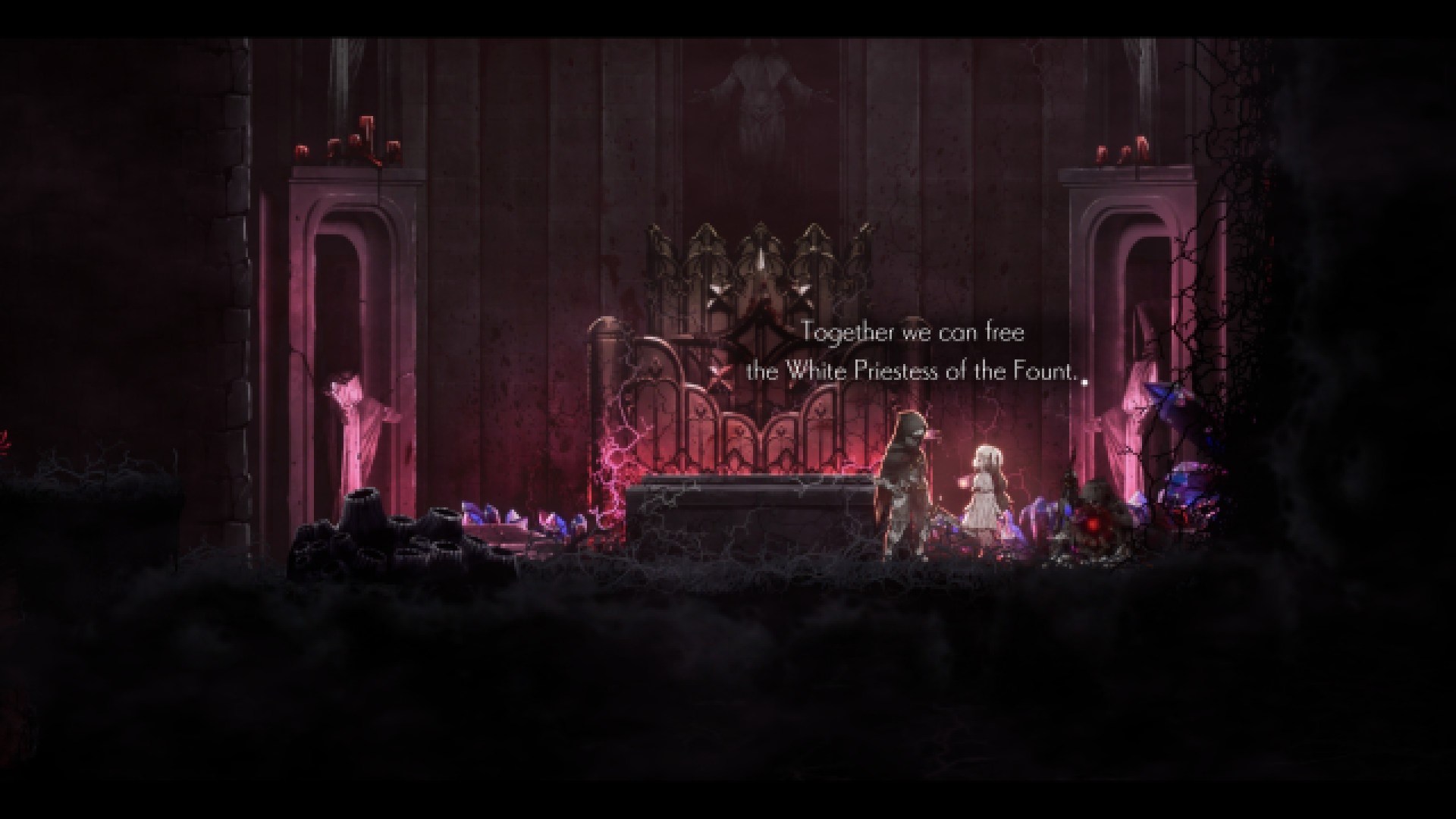 Ender Lilies screenshot of Lily looking for secret items in the Subterranean lab