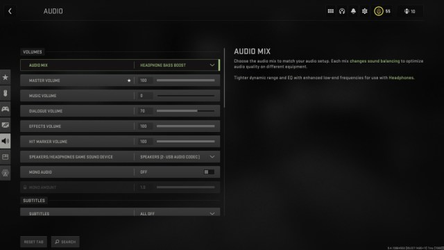 Modern Warfare 2 Audio Settings Menu