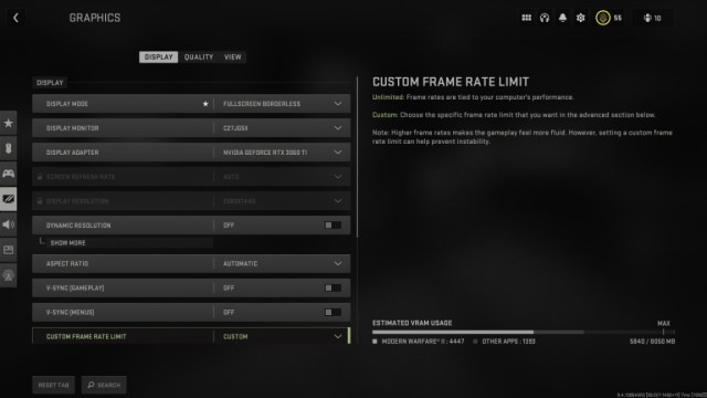 Modern Warfare 2 Graphics Settings Menu
