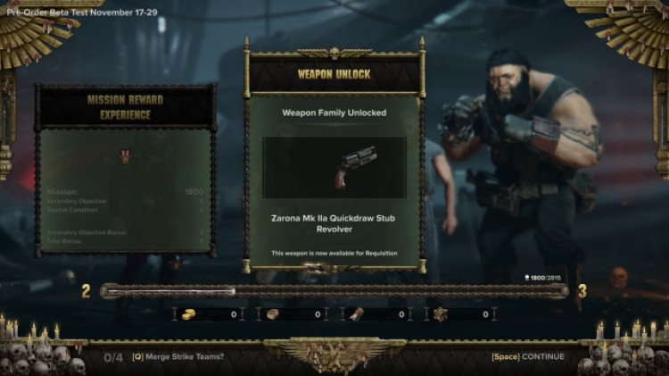 Warhammer 4000 Darktide mission end screen showing that I unlocked pistols for purchase. 