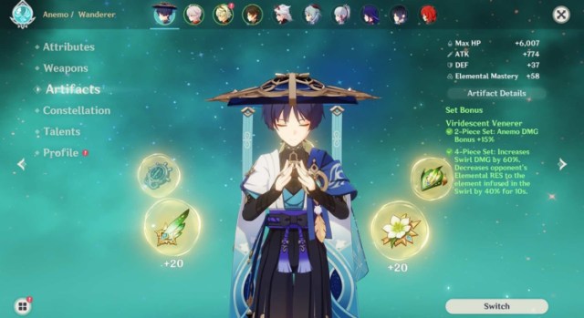 Genshin Impact Wanderer Scaramouche Best Artifacts Desert Pavilion Chronicle Viridescent Venerer Retracing Bolide 2