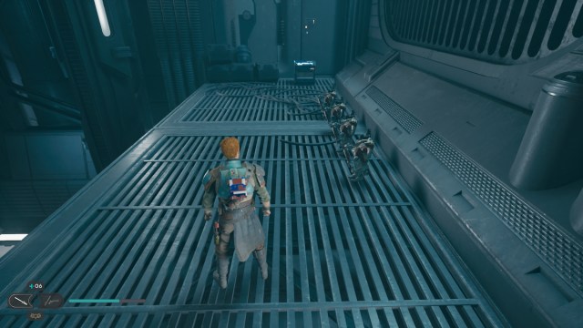 Cal On Platfrom Where The Crate Is With Sleeping Droids