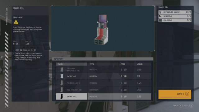 Starfield Craft Snake Oil At Pharmaceutical Lab In Dream Home