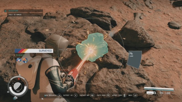 Starfield Mining Lead Resource Using Cutter Near Boulders