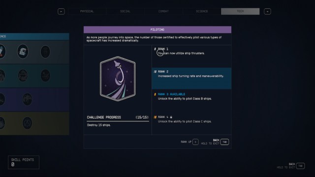Starfield Piolting Skill Menue